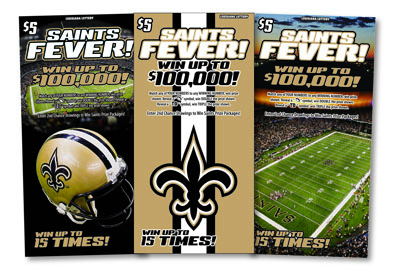 Three Saints themed scratch off tickets fanned out on a white background