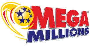 Mega Millions blue and red text logo with a golden comet covered in blue stars